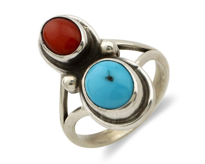 Navajo Handmade Ring 925 Silver Coral & Turquoise Native American Artist C.80's