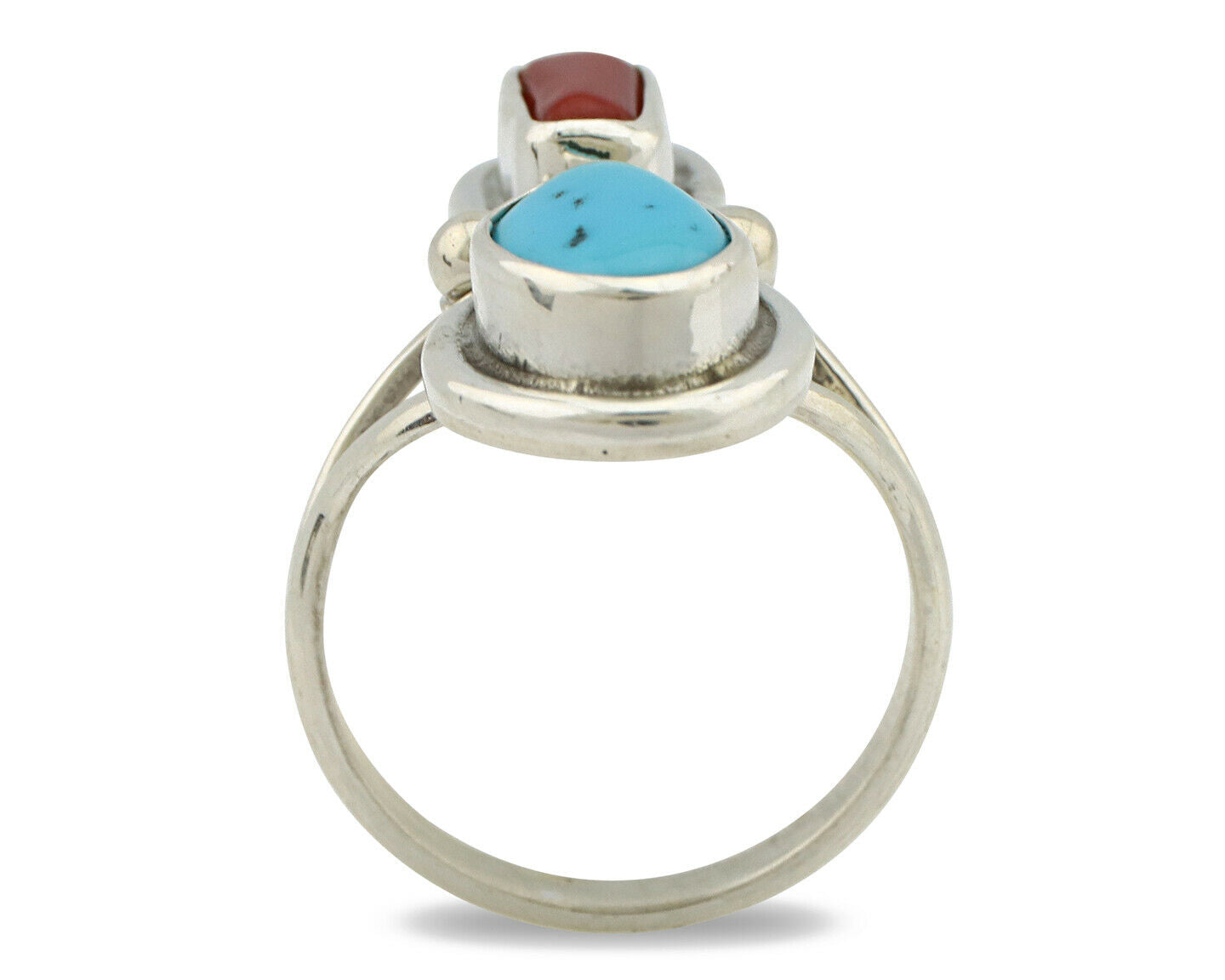 Navajo Ring .925 Silver Blue Turquoise & Red Coral Native American Artist C.80's