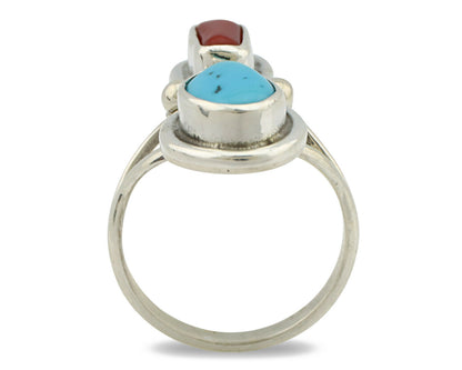Navajo Ring .925 Silver Blue Turquoise & Red Coral Native American Artist C.80's