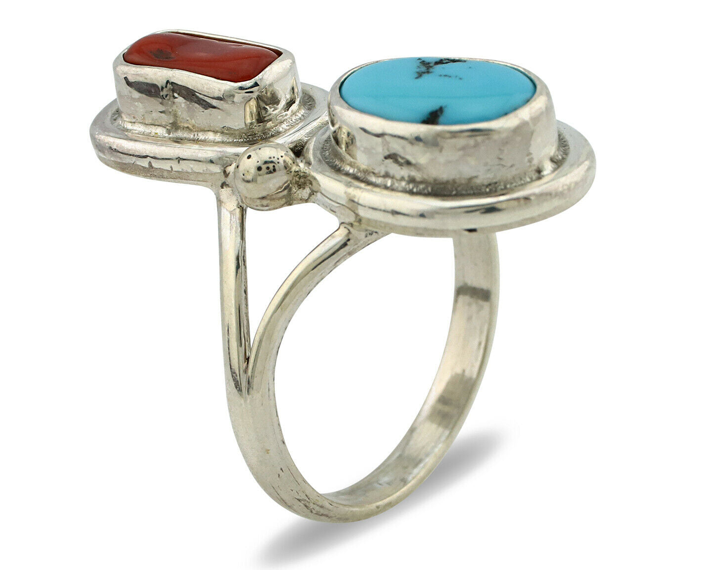 Navajo Ring .925 Silver Blue Turquoise & Red Coral Native American Artist C.80's