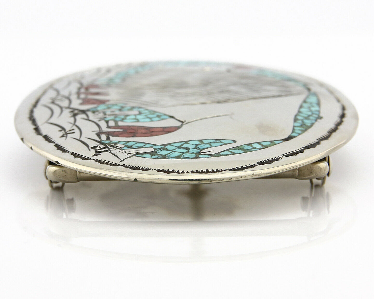 Navajo Belt Buckle .999 Nickle Silver Turquoise Coral Signed SD C.80's