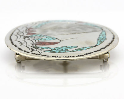 Navajo Belt Buckle .999 Nickle Silver Turquoise Coral Signed SD C.80's