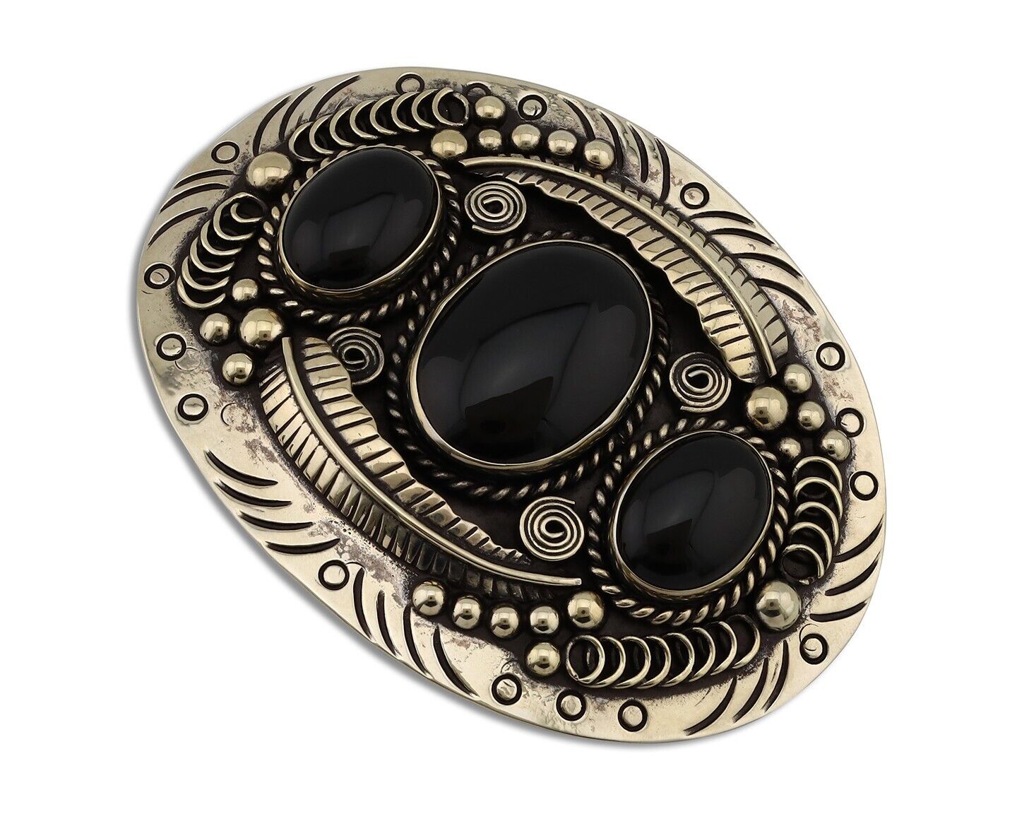 Men Navajo Belt Buckle .999 Nickel Onyx Artist Signed Teepee Handmade C.1980's