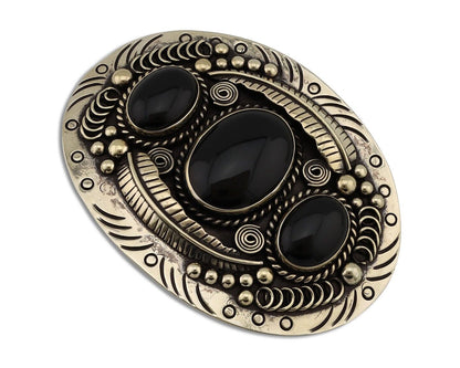 Men Navajo Belt Buckle .999 Nickel Onyx Artist Signed Teepee Handmade C.1980's