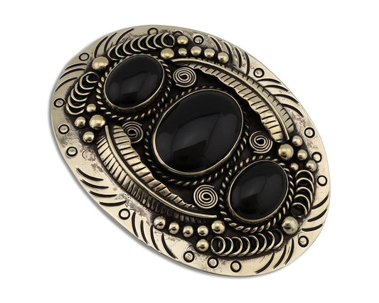 Men Navajo Belt Buckle .999 Nickel Onyx Artist Signed Teepee Handmade C.1980's