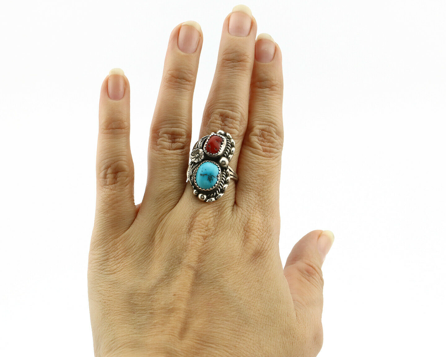 Navajo Ring .925 Silver Turquoise & Coral Artist Signed Thomas Singer C.80's