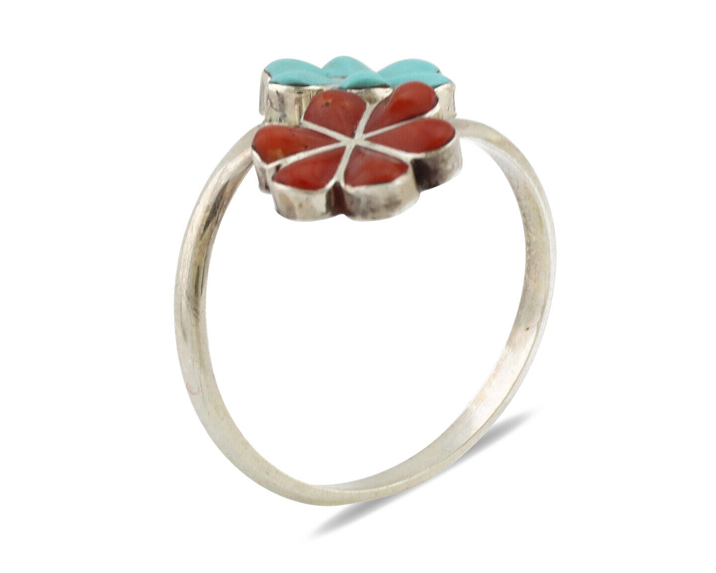 Zuni Flower Ring 925 Silver Turquoise & Coral Native American Artist C.80's