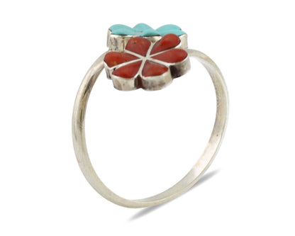 Zuni Flower Ring 925 Silver Turquoise & Coral Native American Artist C.80's