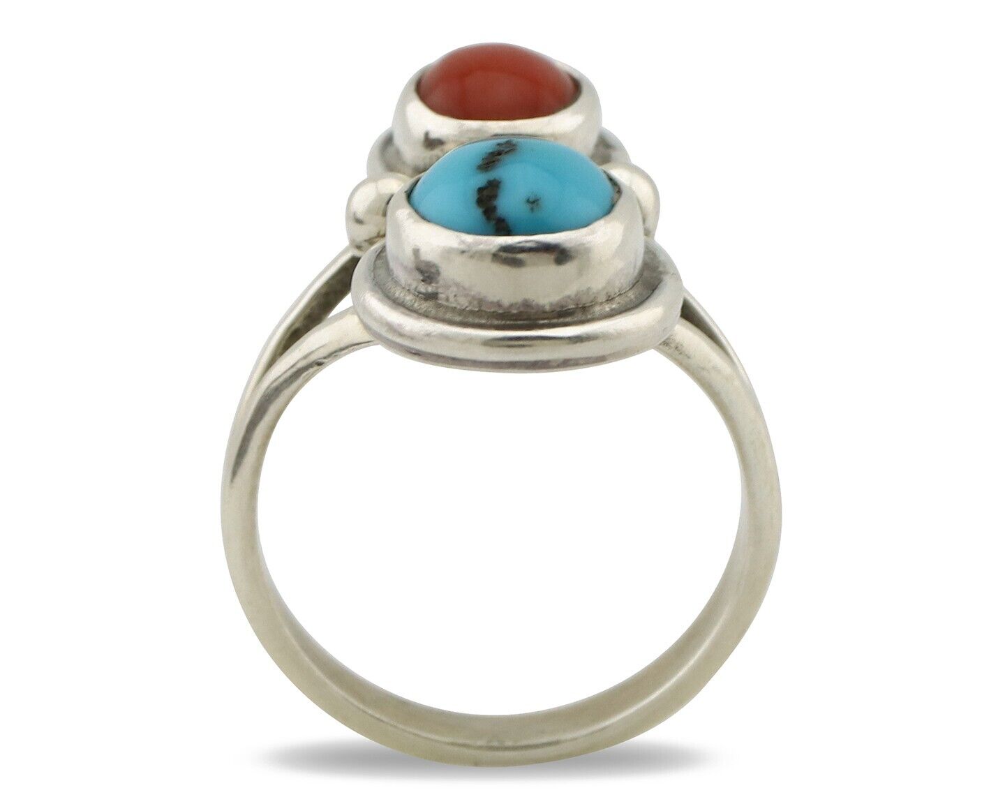 Navajo Handmade Ring 925 Silver Coral & Turquoise Native American Artist C.80's