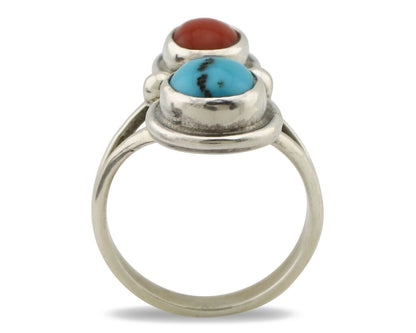Navajo Handmade Ring 925 Silver Coral & Turquoise Native American Artist C.80's