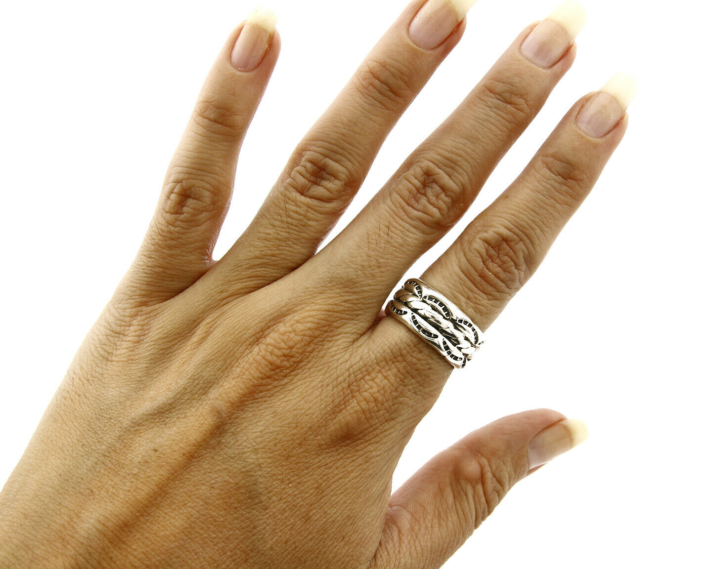 Navajo Ring .925 Silver Handmade Hand Stamped 3 Row Rope Band C.1980s