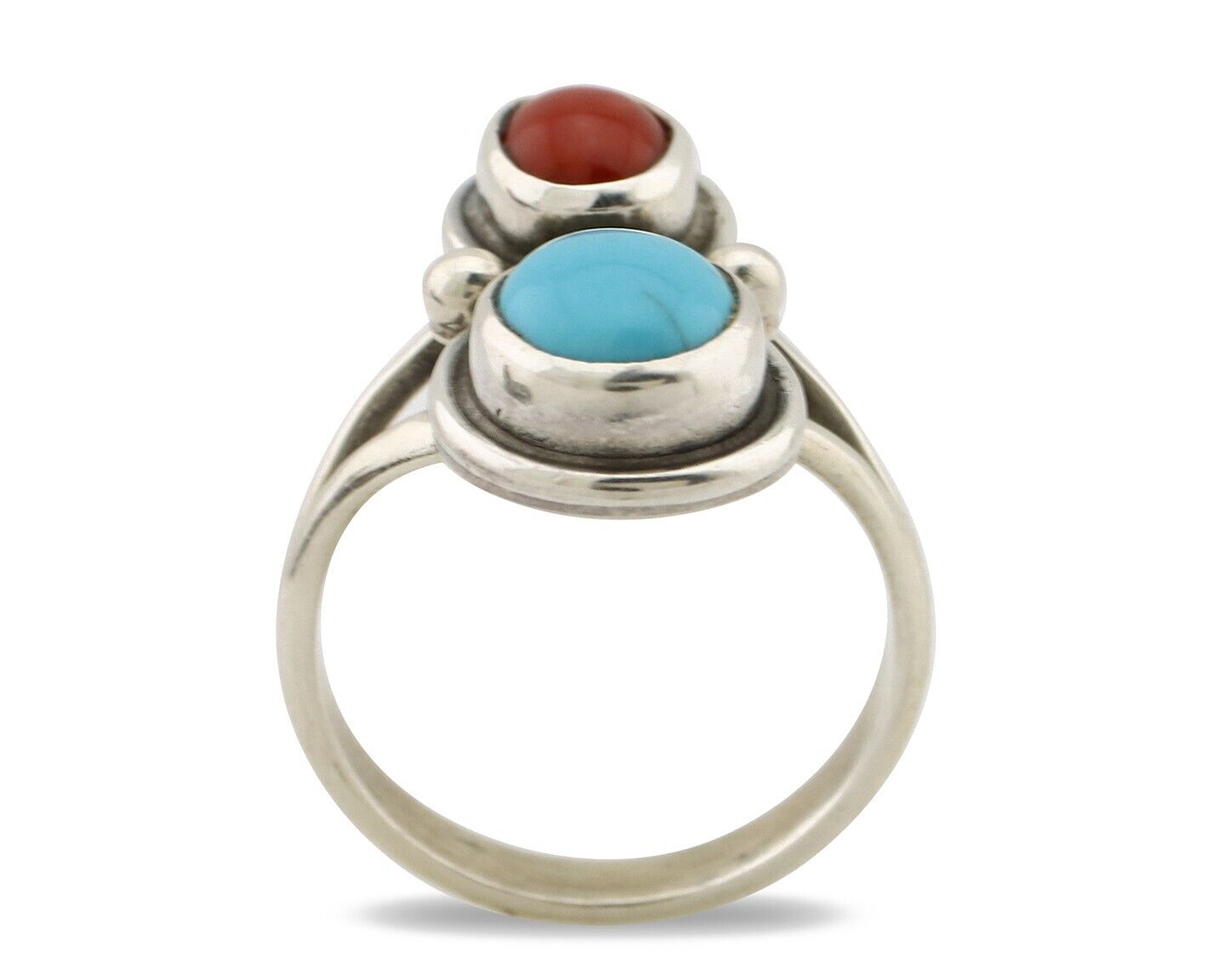 Navajo Handmade Ring 925 Silver Coral & Turquoise Native American Artist C.80's