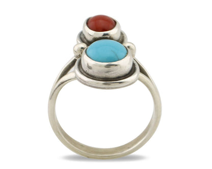 Navajo Handmade Ring 925 Silver Coral & Turquoise Native American Artist C.80's