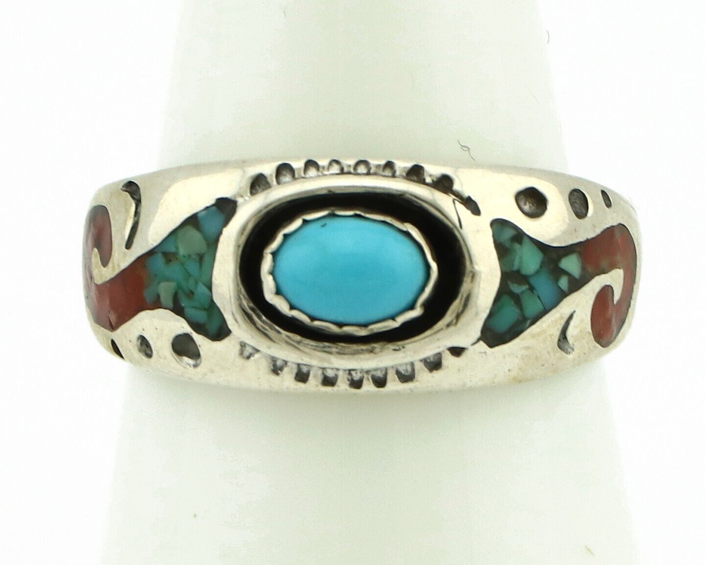Navajo Handmade Ring 925 Silver Blue Turquoise & Coral Native American C.80's