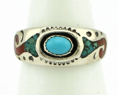 Navajo Handmade Ring 925 Silver Blue Turquoise & Coral Native American C.80's