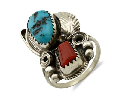 Navajo Ring .925 Silver Turquoise & Coral Artist Signed J Morris C.80's