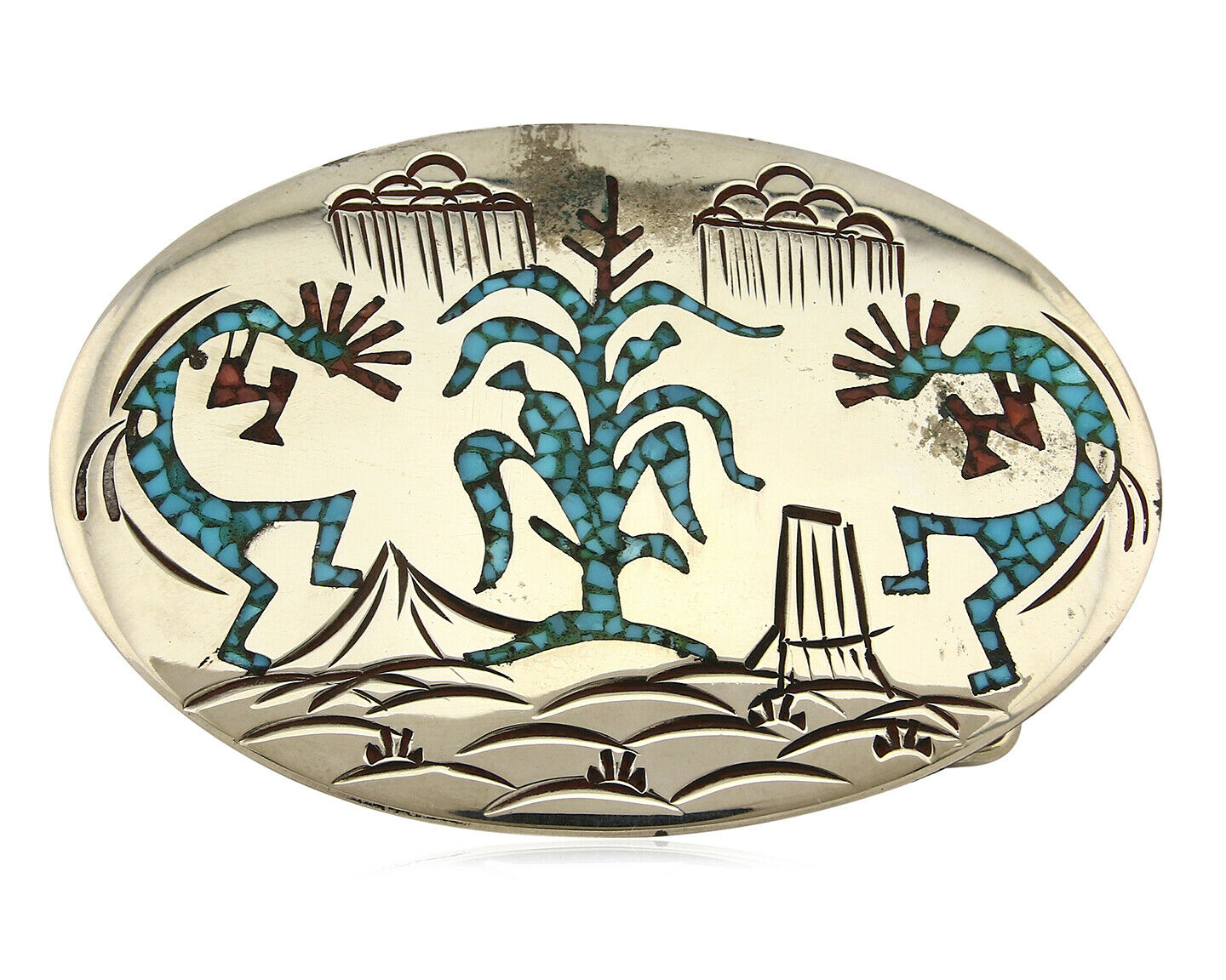 Navajo Belt Buckle .999 Nickle Silver Turquoise Coral Signed SD C.80's