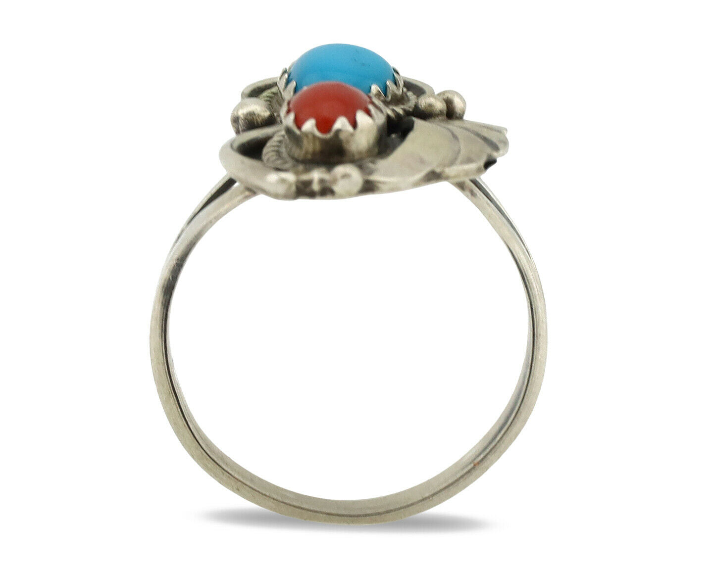 Navajo Ring .925 Silver Morenci Turquoise & Coral Native Artist Signed JM C.80's