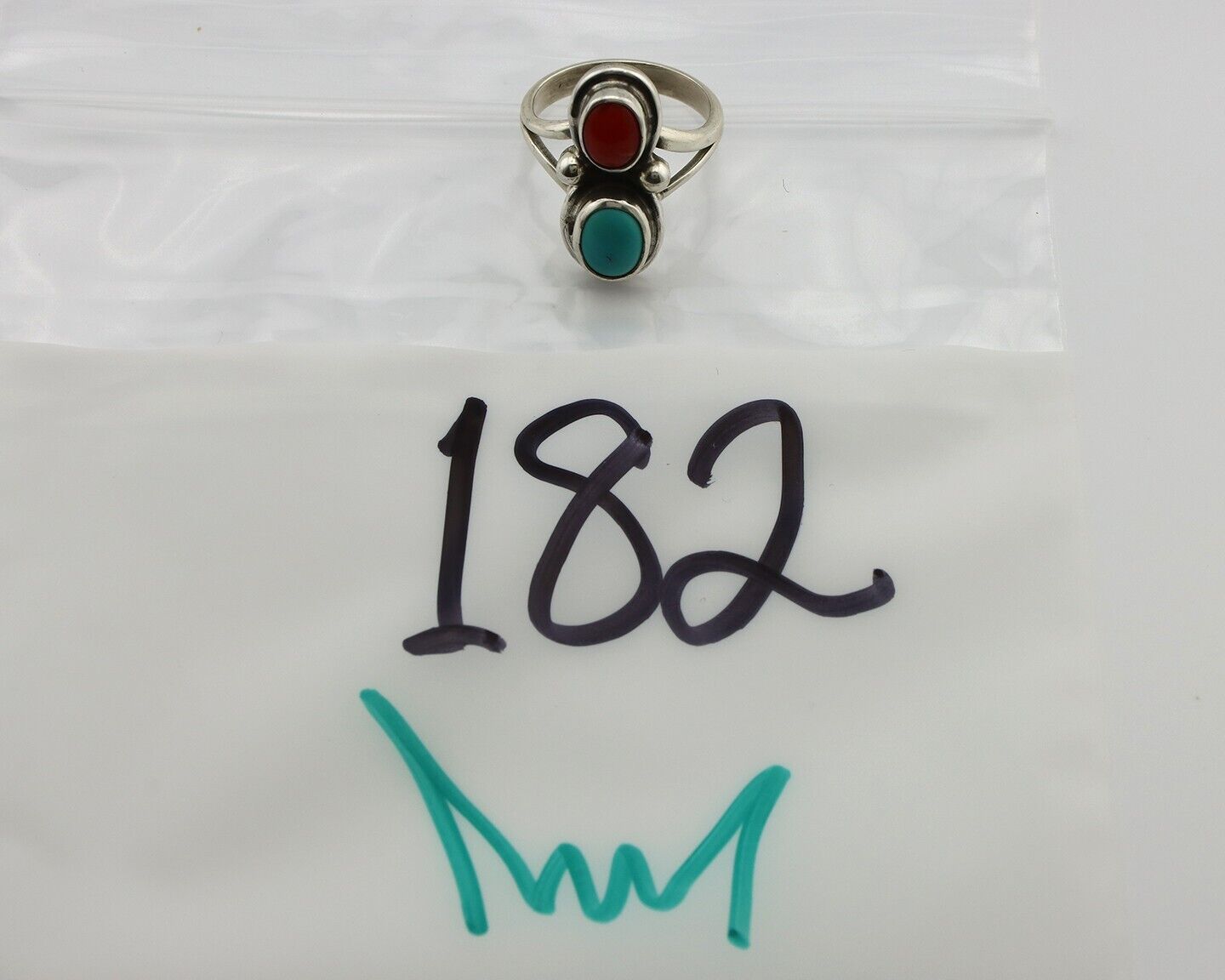 Navajo Handmade Ring 925 Silver Coral & Turquoise Native American Artist C.80's
