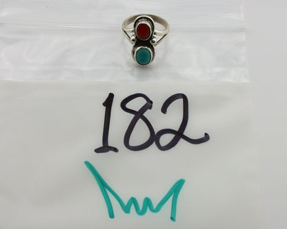 Navajo Handmade Ring 925 Silver Coral & Turquoise Native American Artist C.80's
