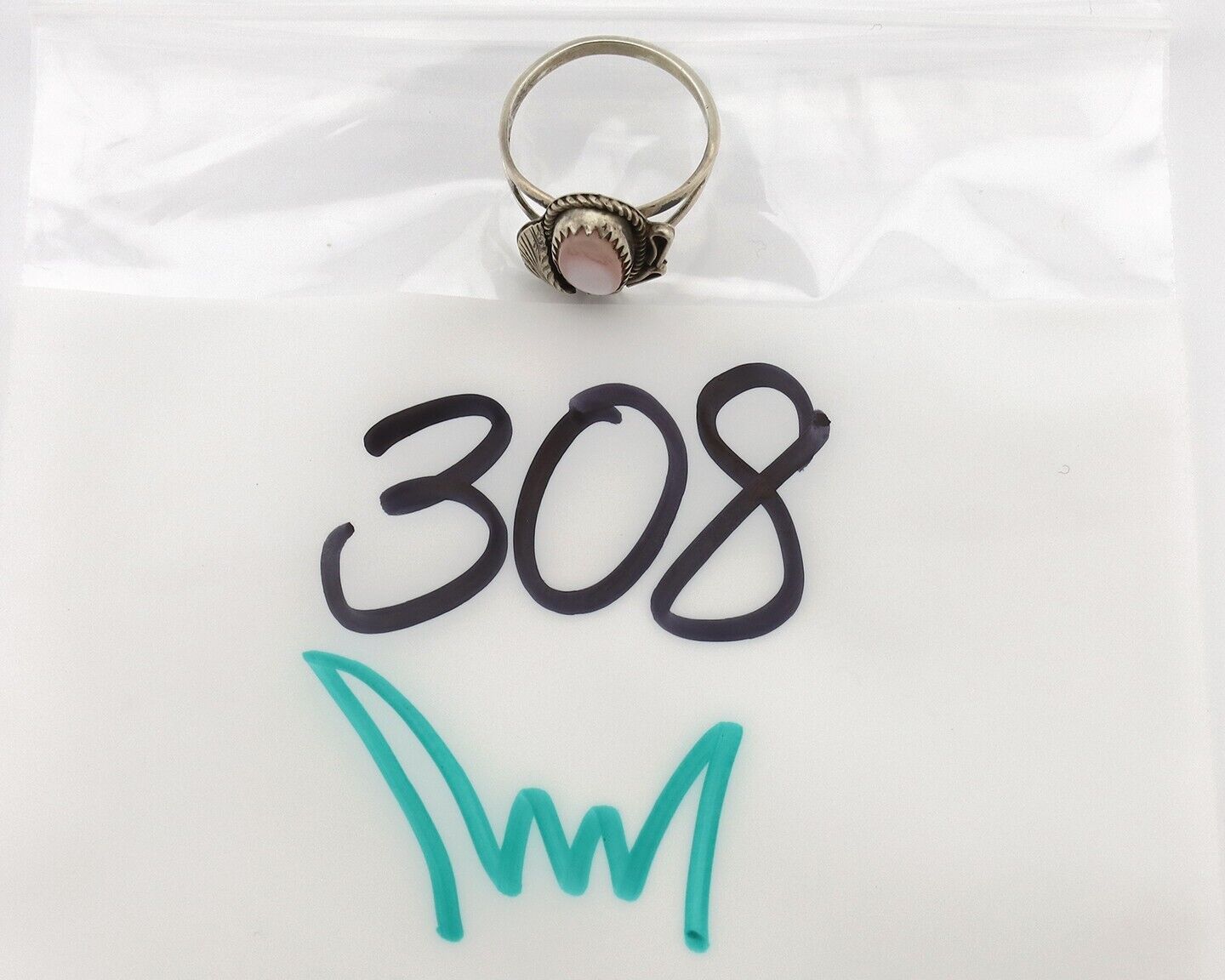 Navajo Ring .925 Silver Natural Pink Mussel Artist Signed Justin Morris C.80's