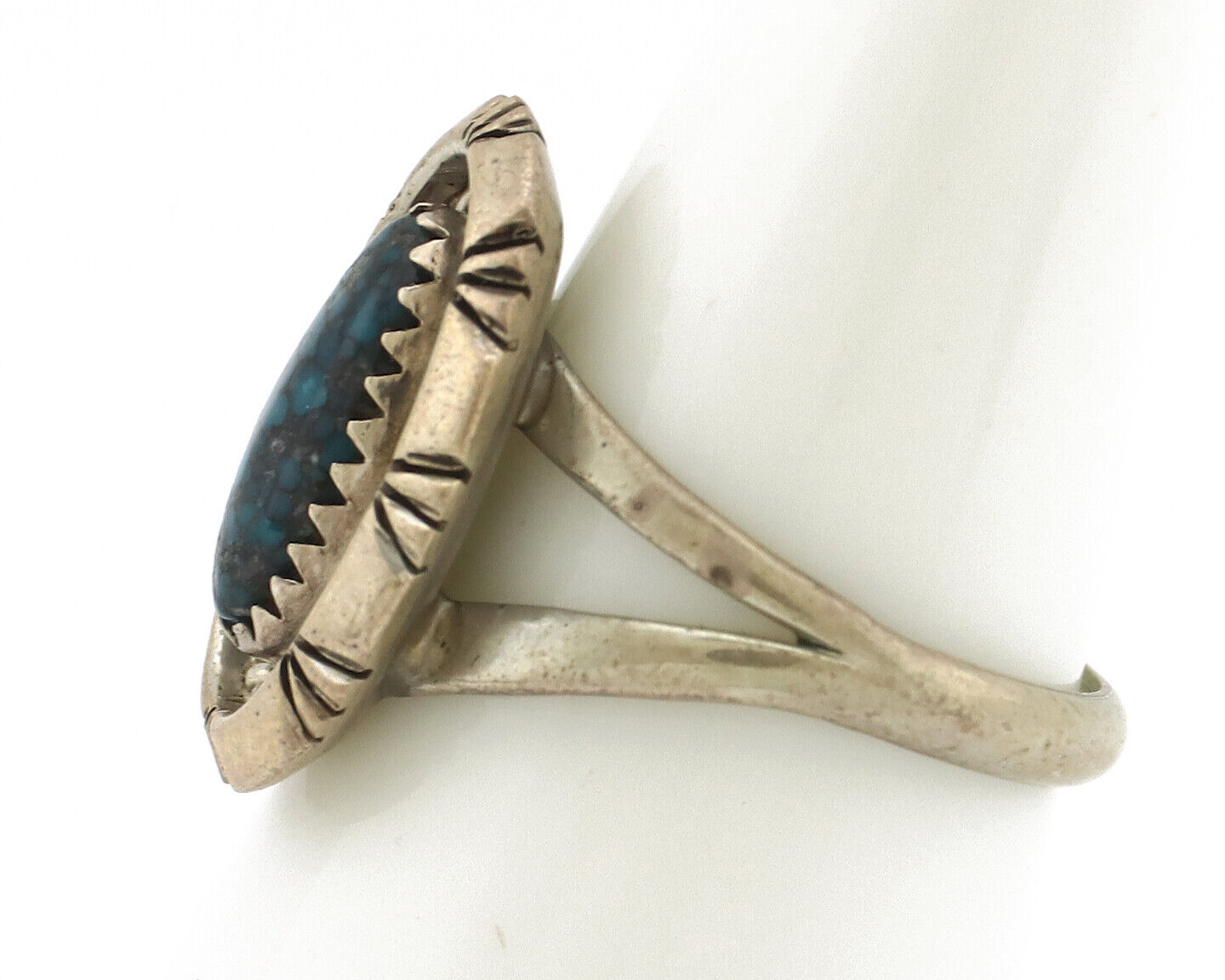 Navajo Ring 925 Silver Natural Black Spiderweb Turquoise Native Artist C.80's