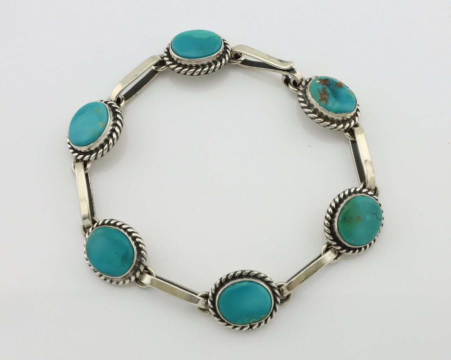 Navajo Link Bracelet .925 Silver Blue Turquoise Native American Artist C.80's