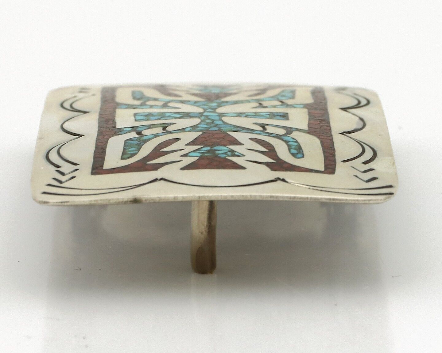 Navajo Belt Buckle 925 Silver Handmade Chip Inlay Native American Artist C.80s