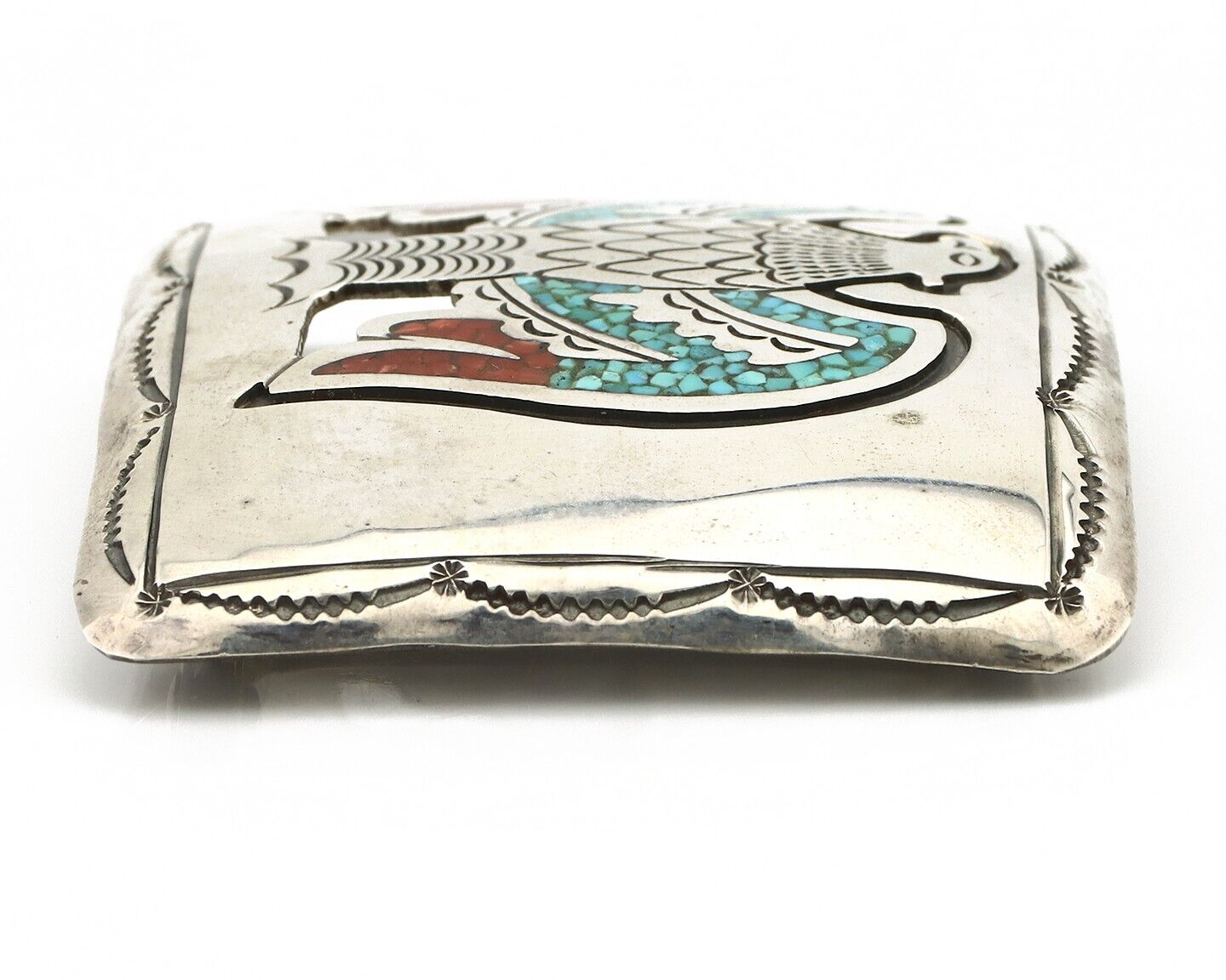Navajo Belt Buckle 925 Silver Handmade Chip Inlay Artist Signed J. Nezzie C.80s