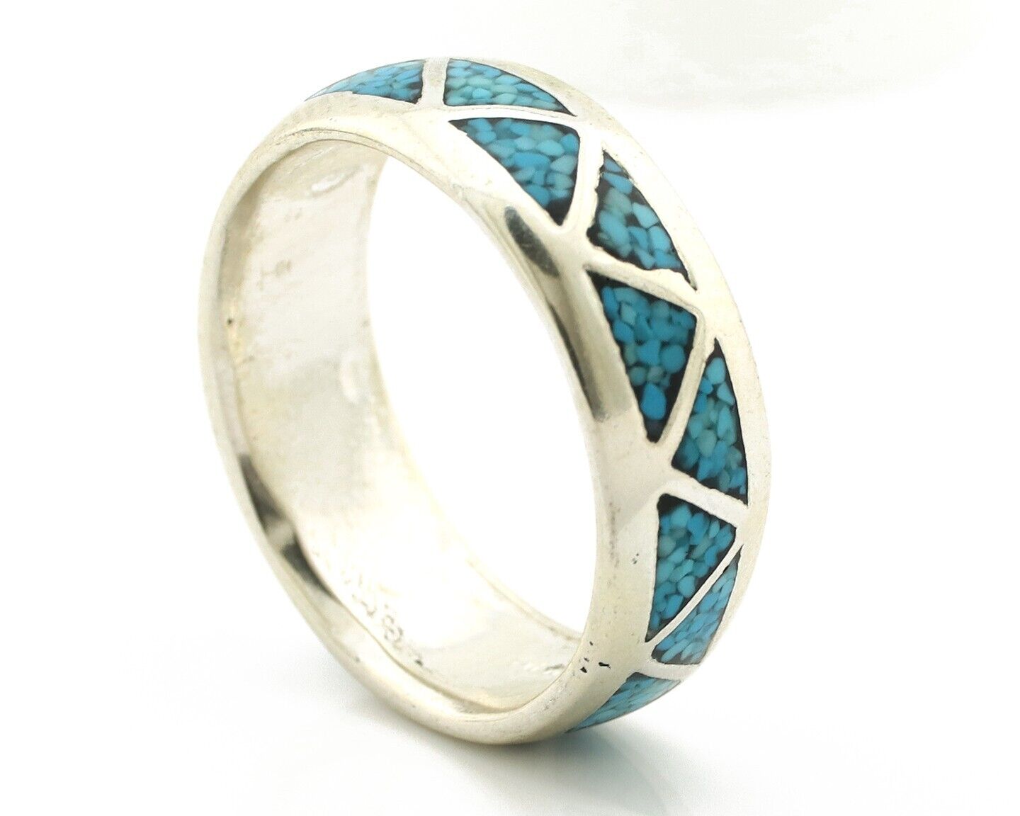 Navajo Chip Inlay Ring 925 Silver Sleeping Beauty Turquoise Artist Silver Cloud