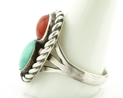 Navajo Ring 925 Silver Coral & Globe Turquoise Native American Artist C.1970's