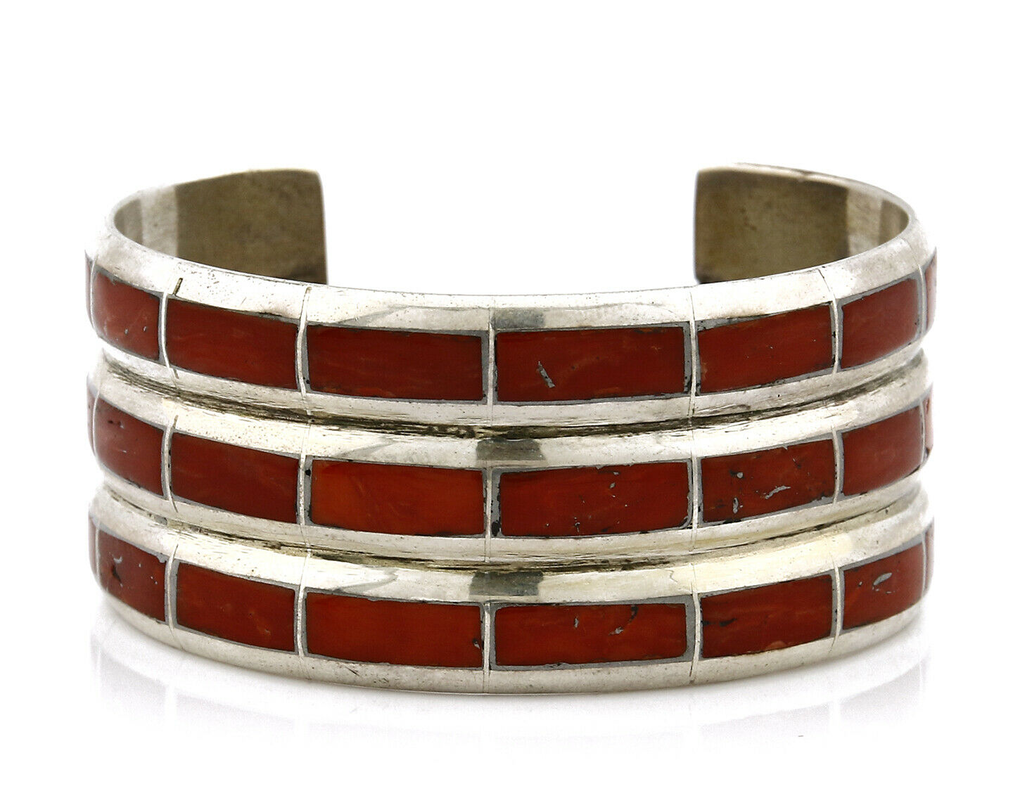 Women's Zuni Bracelet Inlaid Coral .925 Silver 3 Row Natural Mined C.80's