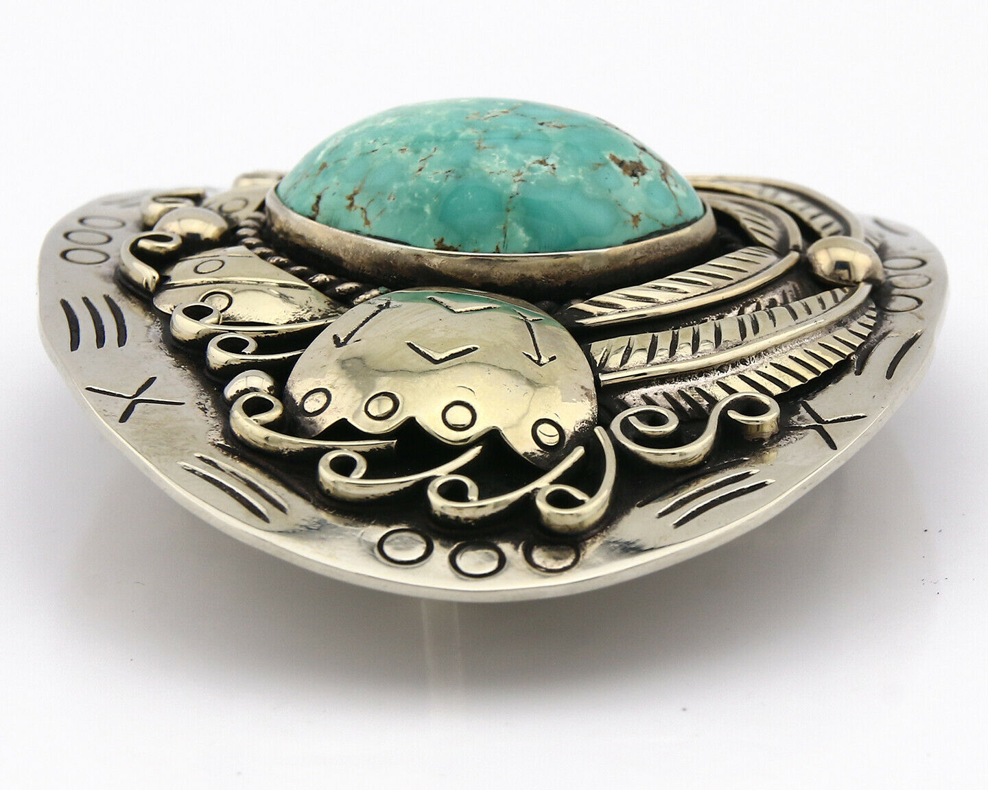 Navajo Belt Buckle .999 Nickle Silver Morenci Turquoise Native Artist C.80's