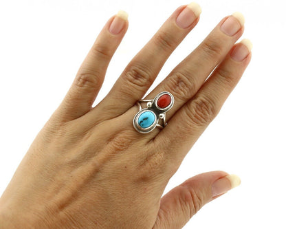 Navajo Handmade Ring 925 Silver Coral & Turquoise Native American Artist C.80's