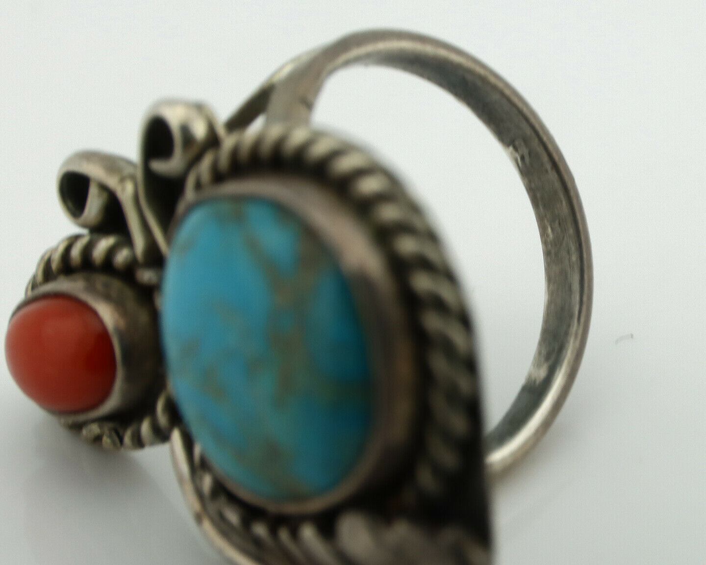 Navajo Ring .925 Silver Turquoise & Coral Native American Artist C.1975's