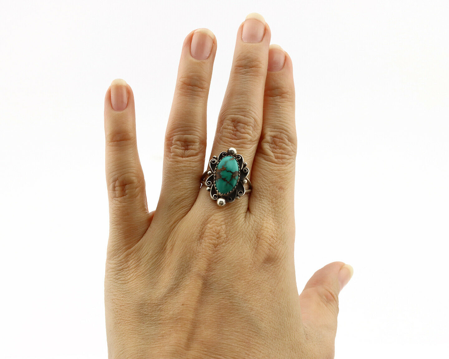 Navajo Ring .925 Silver Spiderweb Turquoise Native American Artist C.80's