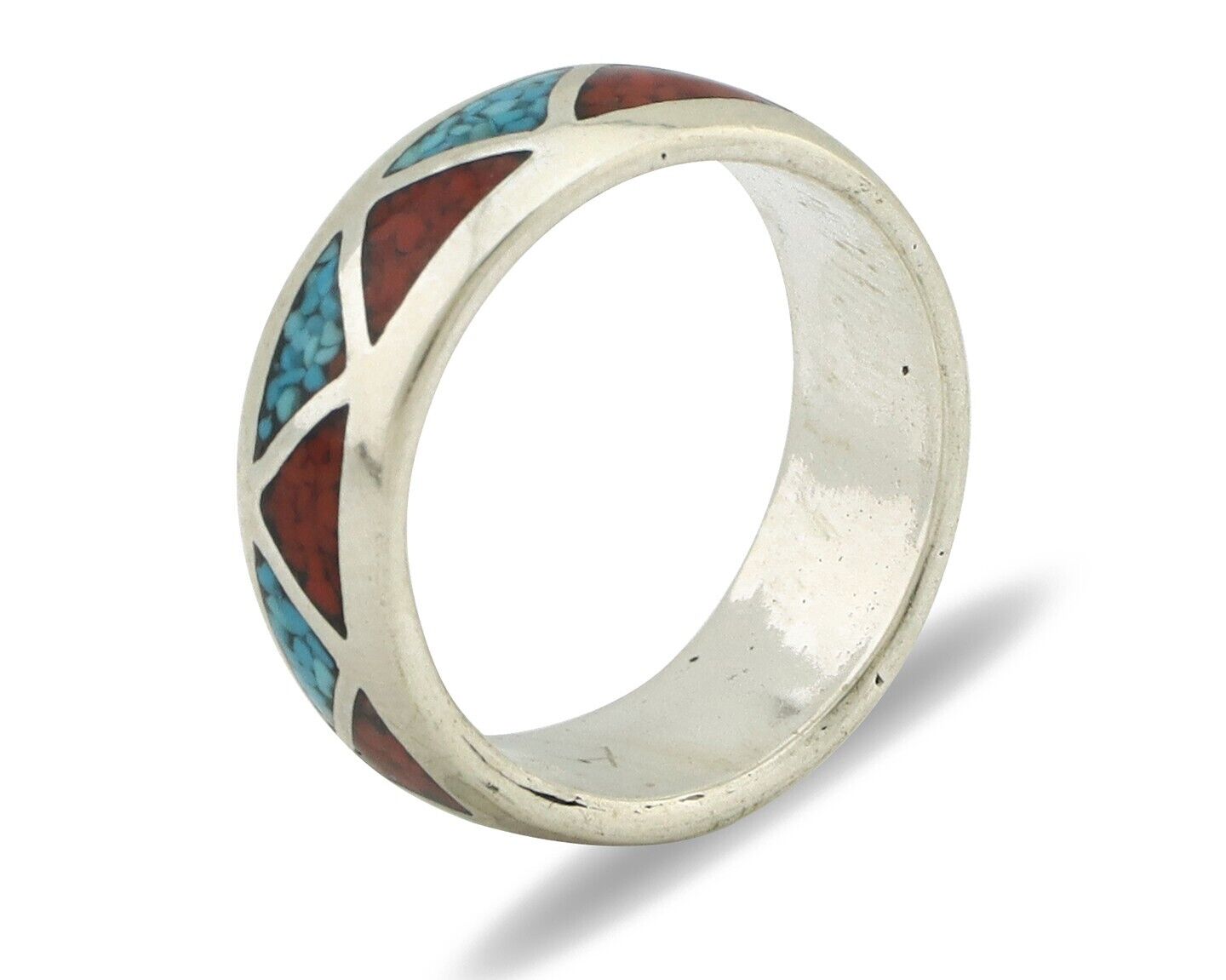 Navajo Ring 925 Silver Natural Turquoise & Coral Native American Artist C.80's