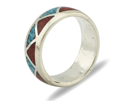 Navajo Ring 925 Silver Natural Turquoise & Coral Native American Artist C.80's