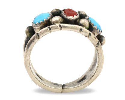 Navajo Ring .925 Silver Natural Blue Turquoise & Red Coral Native C.1980's