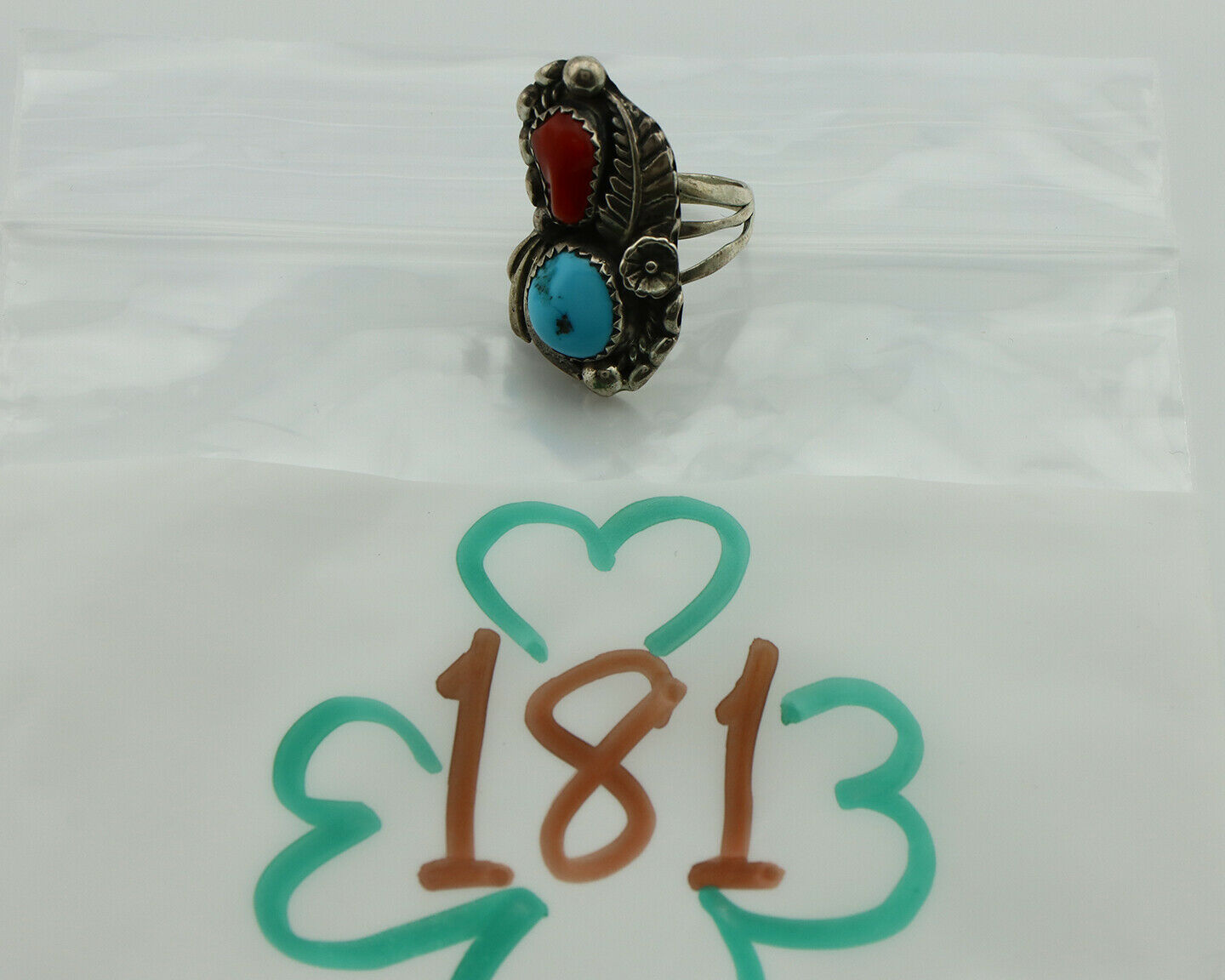 Navajo Ring .925 Silver Turquoise & Coral Artist Signed Thomas Singer C.80's