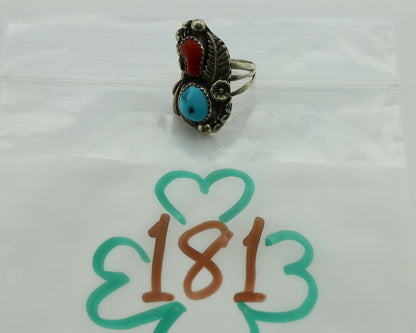 Navajo Ring .925 Silver Turquoise & Coral Artist Signed Thomas Singer C.80's