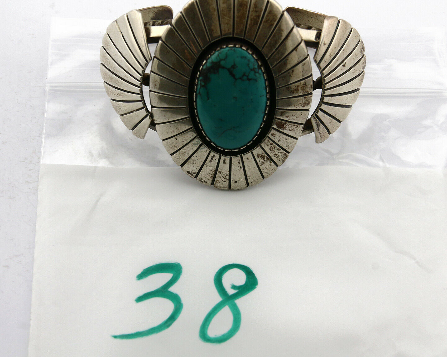 Navajo Bracelet .925 Silver Turquoise Mountain Signed K. Lewis C.80's