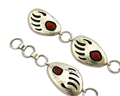 Navajo Bear Paw Concho Belt .925 Silver Red Coral Signed E. Redhorse C.80's