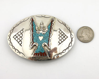 Navajo Belt Buckle 925 Silver Handmade Chip Inlay Artist Signed CP C.80s