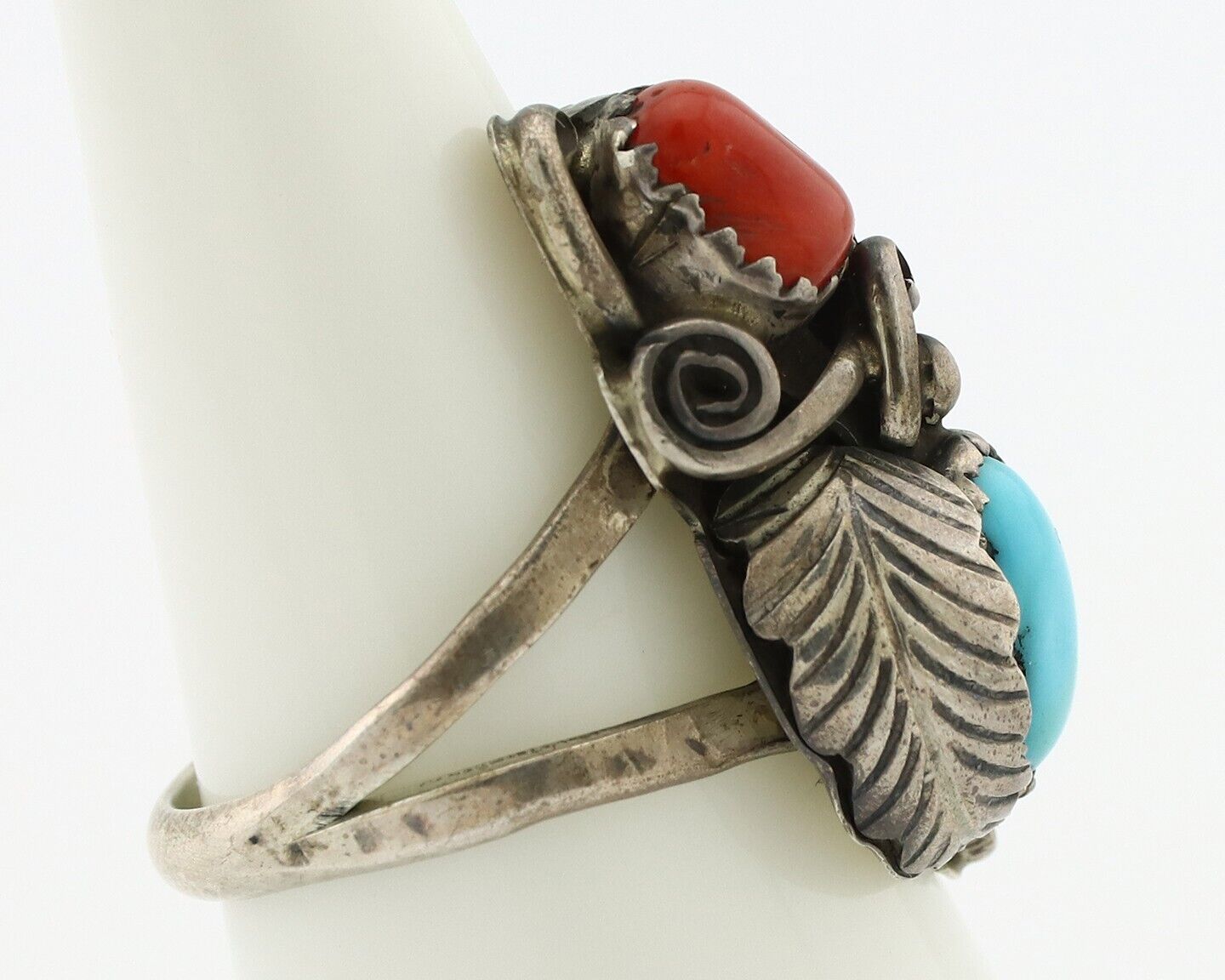 Navajo Handmade Ring 925 Silver Turquiose & Coral Native American Artist C.80's