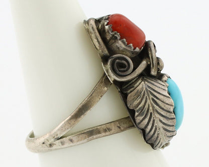 Navajo Handmade Ring 925 Silver Turquiose & Coral Native American Artist C.80's