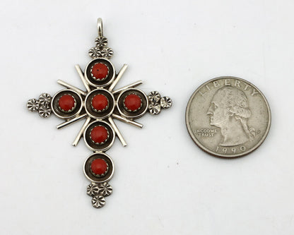 Zuni Handmade Cross Necklace 925 Silver Red Coral Artist Signed NOM? C.80's