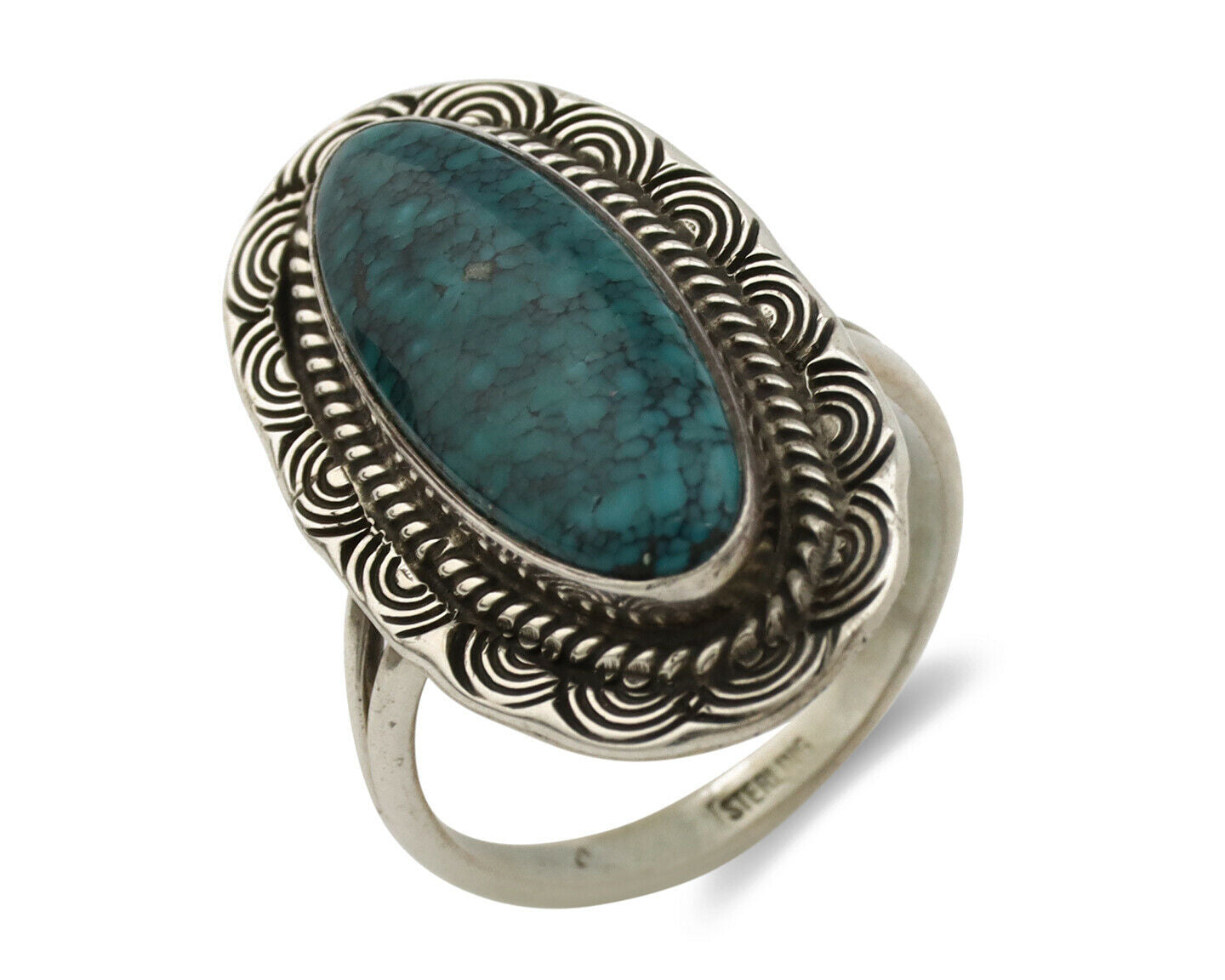 Navajo Ring .925 Silver Black Spiderweb Turquoise Native American Artist C.80's