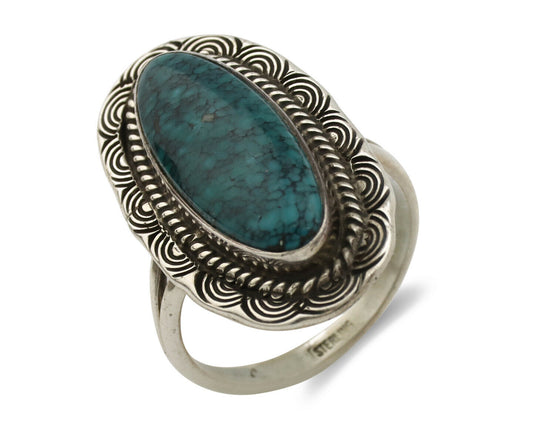 Navajo Ring .925 Silver Black Spiderweb Turquoise Native American Artist C.80's