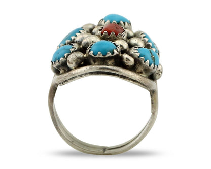 Navajo Ring 925 Silver Blue Turquiose & Coral Artist Signed Elgin Hoskey C.80's